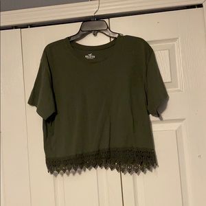 olive green shirt w/ lace trim at bottom